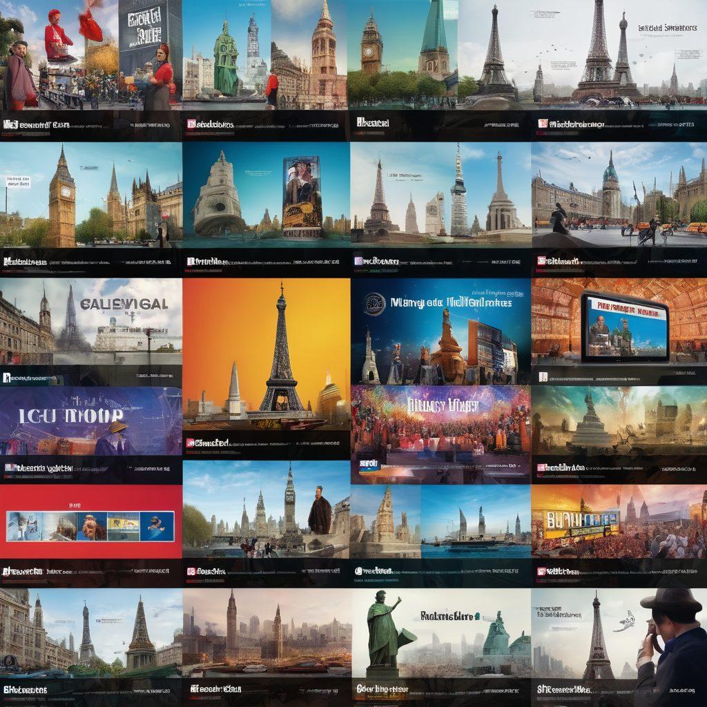 A dynamic collage of global landmarks like the Eiffel Tower, Big Ben, and the Statue of Liberty, interspersed with local news headlines and a digital news ticker displaying updates. In the foreground, a diverse group of people from different cultures engaged in discussions, reading news on tablets and smartphones. Bright, eye-catching colors to convey the energy of news delivery. super-realistic. vibrant colors. 3D.