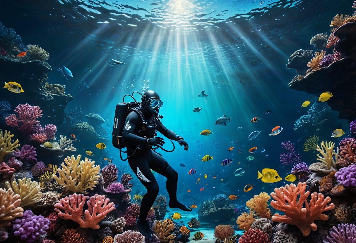 A deep-sea diver exploring the ocean floor filled with vibrant marine life, surrounded by bubbles and coral reefs, while holding a glowing tablet displaying current news headlines. Above, a light breaks through the surface, symbolizing enlightenment. The scene conveys a sense of exploration and discovery amidst the depths of information. super-realistic. vibrant colors. 3D.